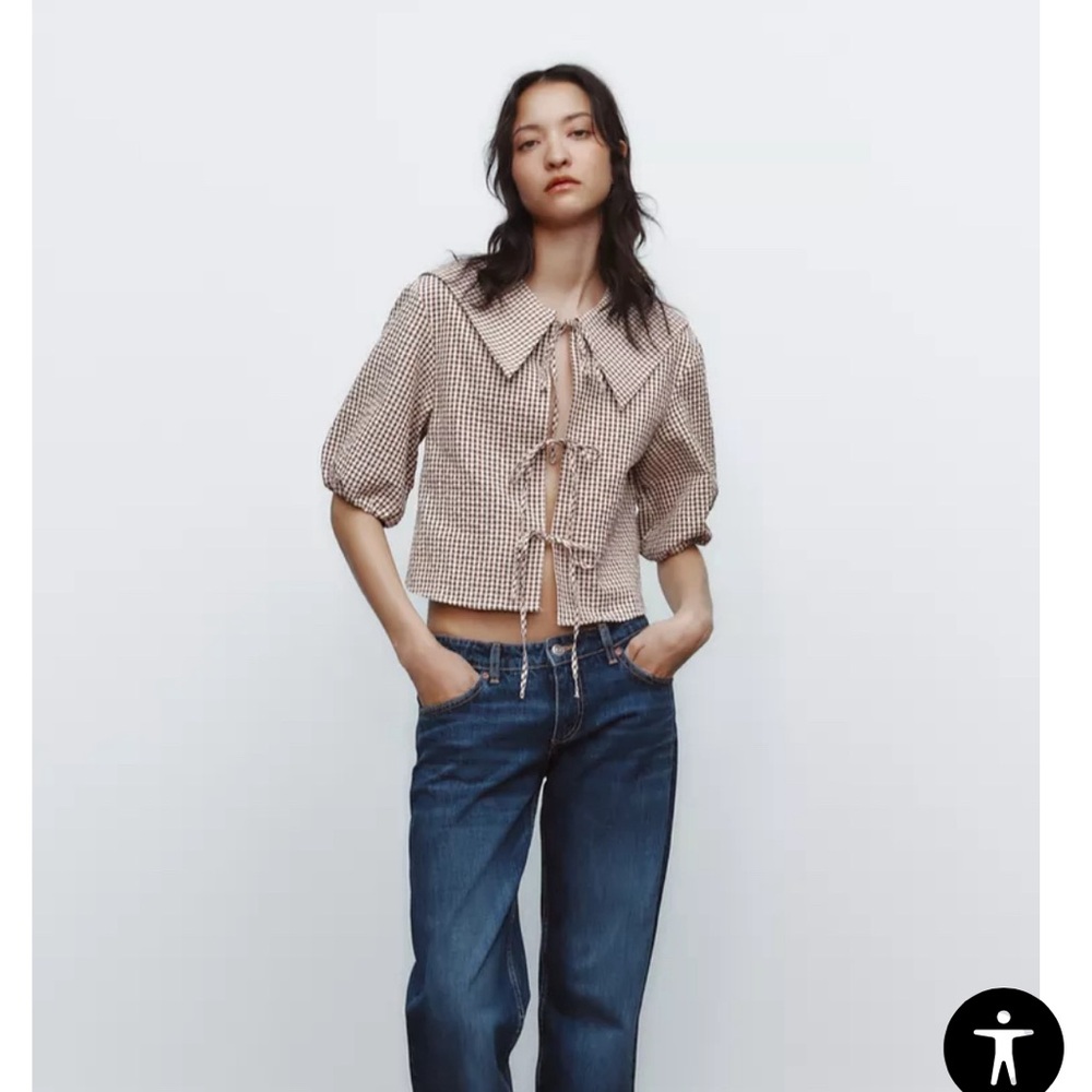 zara bib collar gingham shirt